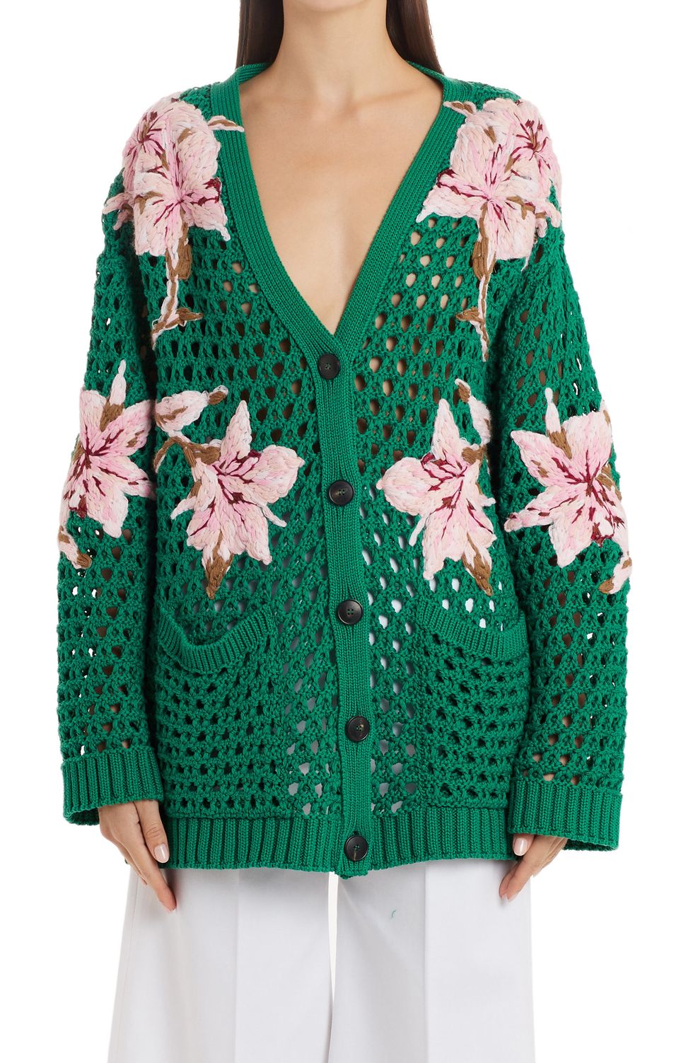 Lilum Floral Embellished Crochet Cardigan, Size Small - Green