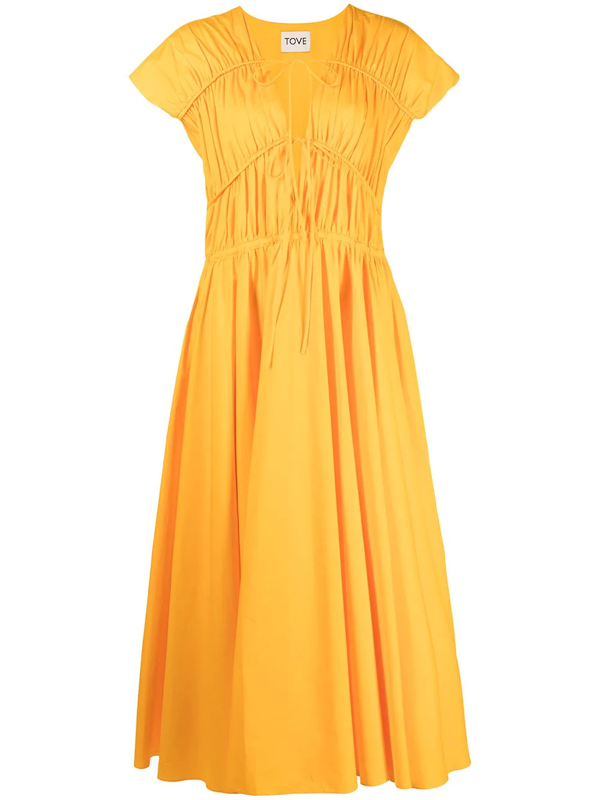 Ceres Tie-detailed Gathered Cotton-poplin Midi Dress In Marigold