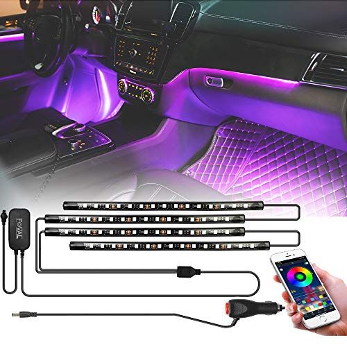 FOVAL Car Interior Lights , 60 LED(30×2, 2-line) APP Controller Car LED Strip Lights, Multicolor Music Under Dash Lighting Kits for iPhone Android Phone, Car Charger Included, DC 12V