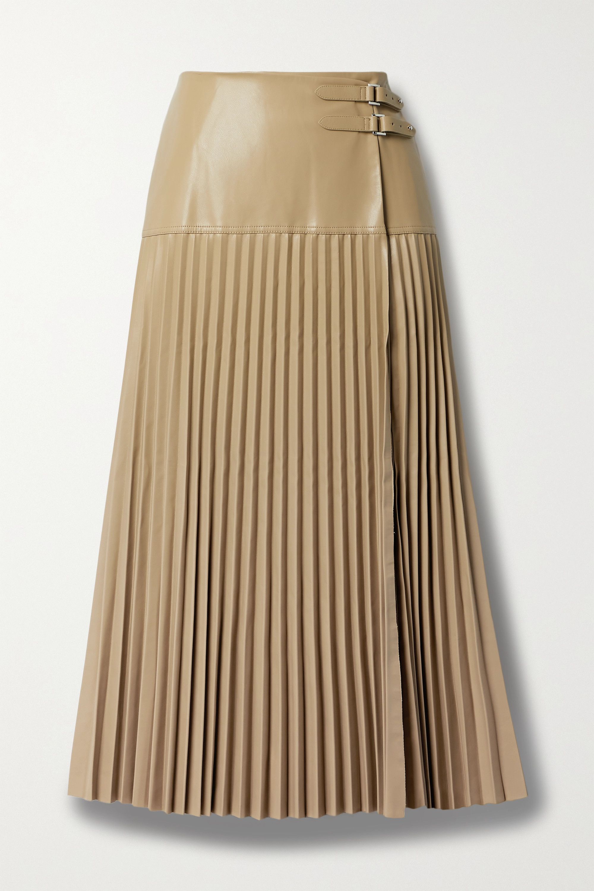 Leona Pleated Vegan Leather Wrap Midi Skirt