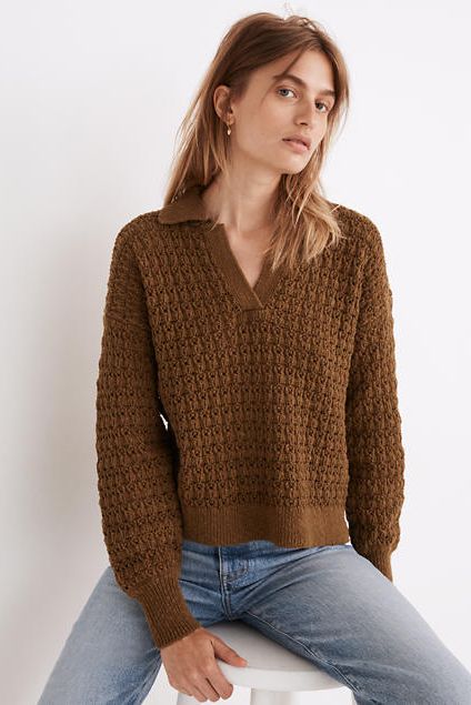 Madewell Sunbury Open-Stitch Polo Sweater