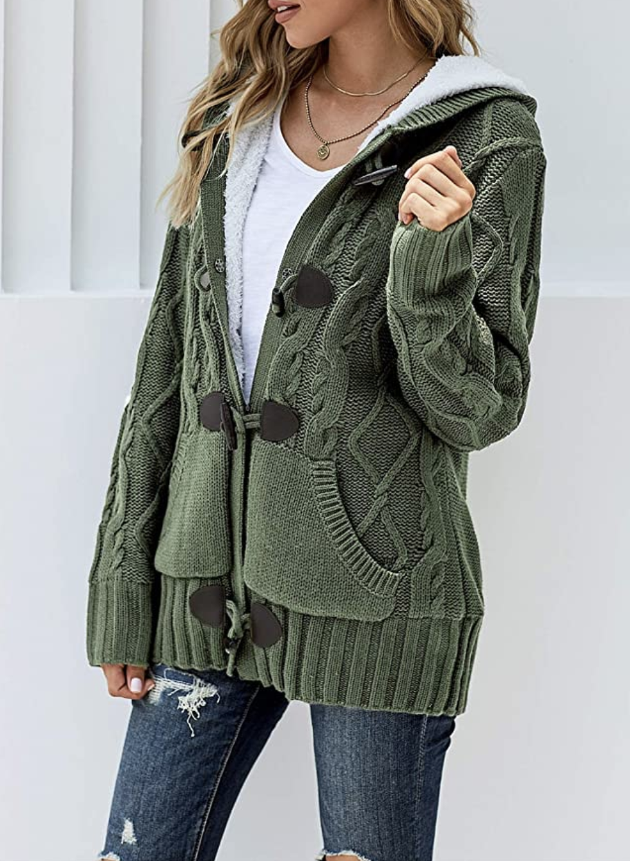 Womens Autumn Winter Coats Clearance Chic Women Solid Color Long Sleeve Hooded Knitted Sweater Cardigan Coat Outwear