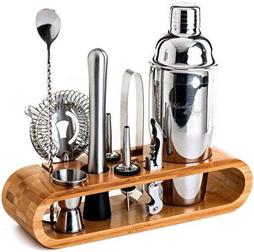 Strainer and More Hillbond Cocktail Shaker Bar Set: 11 Pieces Bar Tools Kit Includes Cocktail Shaker Ice Tongs Muddler Measuring Jigger Mixing Spoon