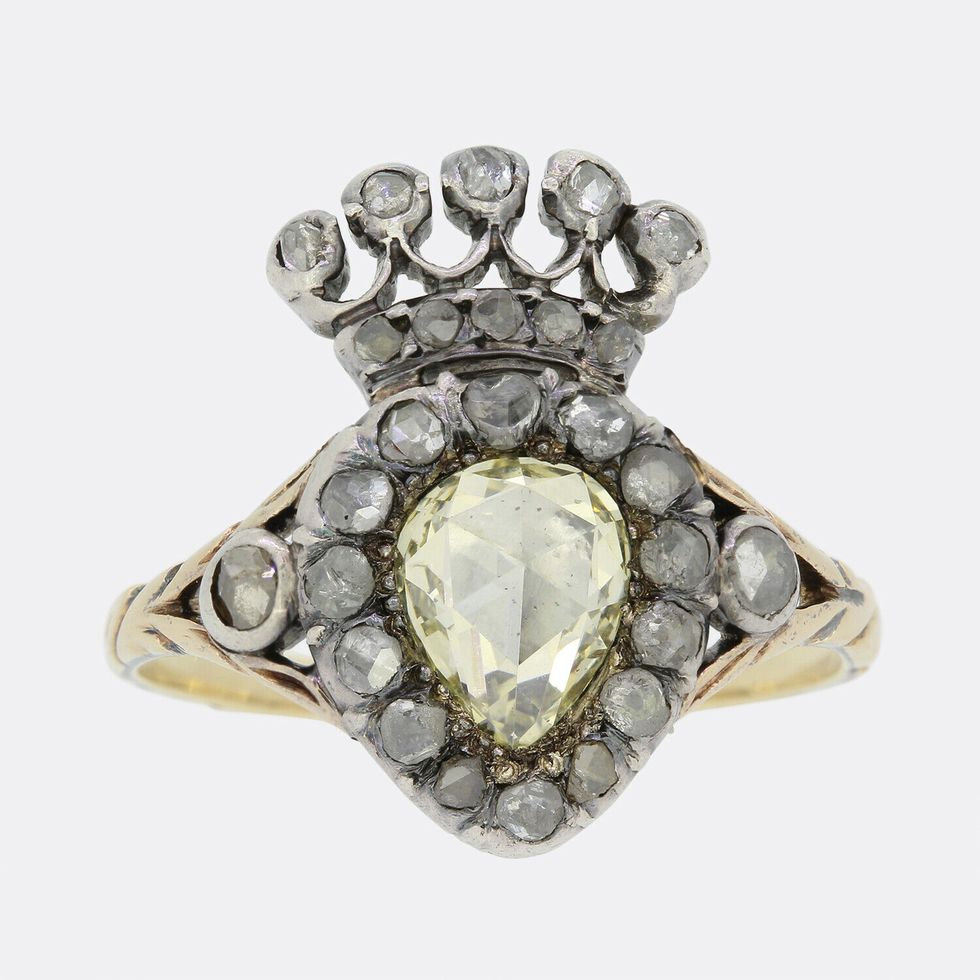 Georgian Rose Cut Diamond Crown Ring Circa. 1810s 18ct Gold and Silver