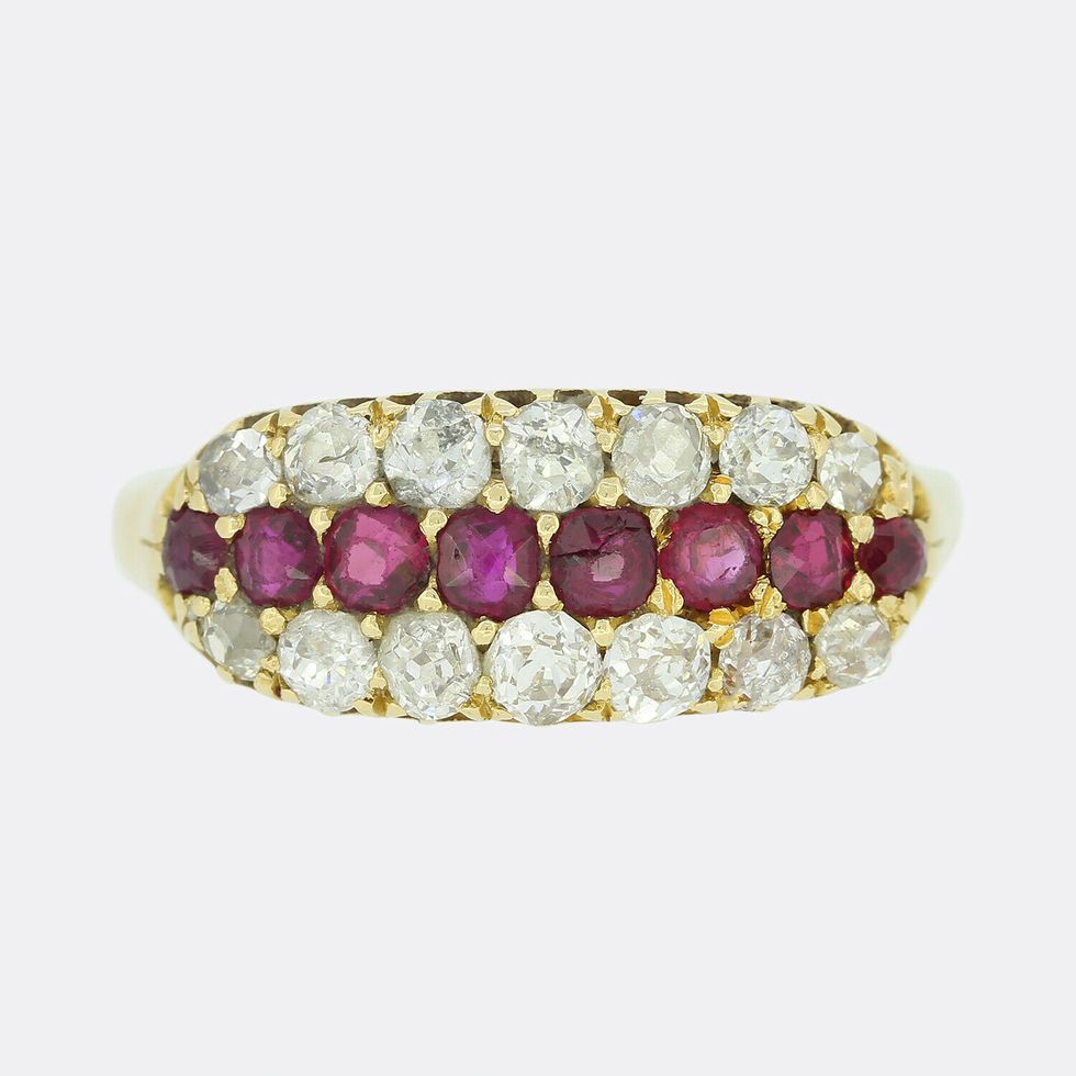 Gold Diamond Ring - Victorian Ruby and Diamond Three Row Ring 18ct Yellow Gold