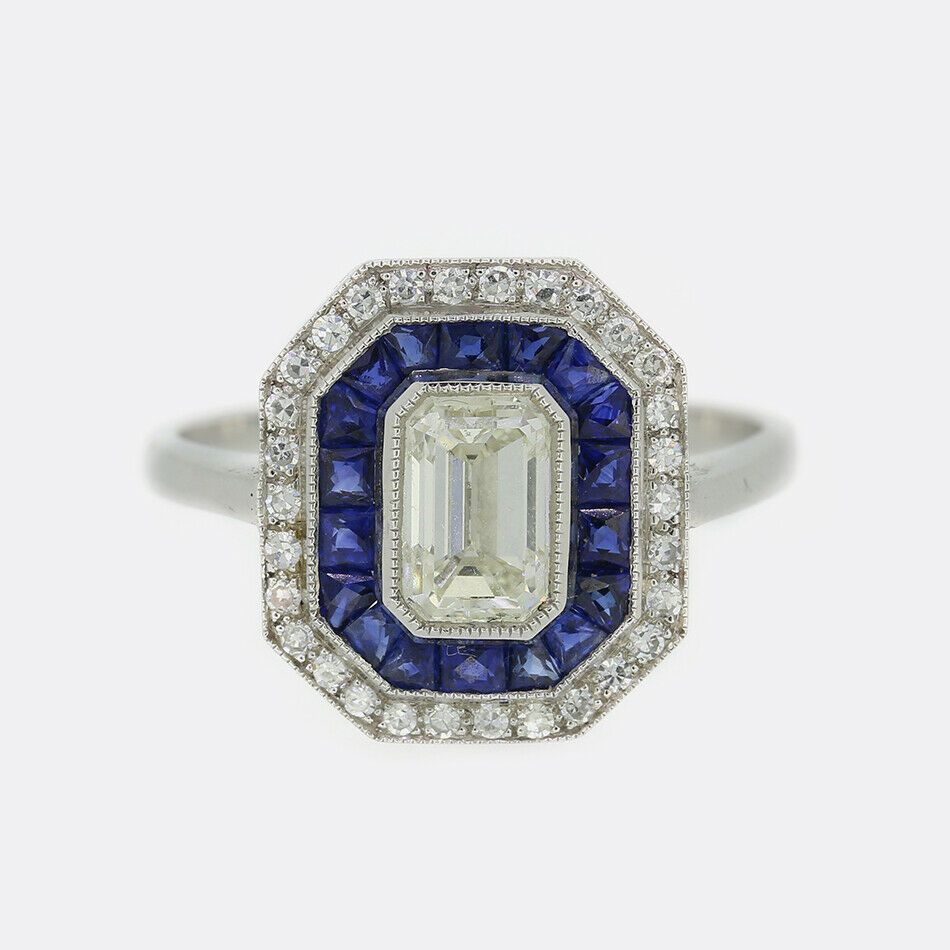 Art Deco Style Sapphire and 0.91 Carat Diamond Cluster Ring 18ct White Gold