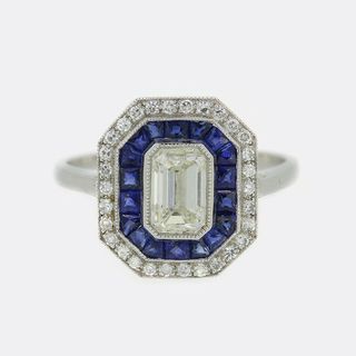 Art Deco Style Sapphire and 0.91 Carat Diamond Cluster Ring 18ct White Gold