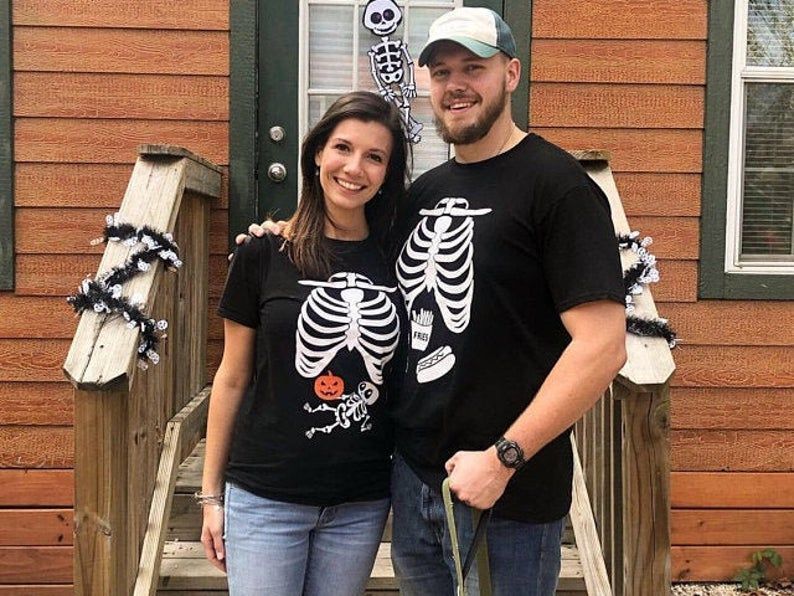 Glow in The Dark Maternity Couple Skeleton Halloween T-Shirt Costumes Party Pregnancy top 