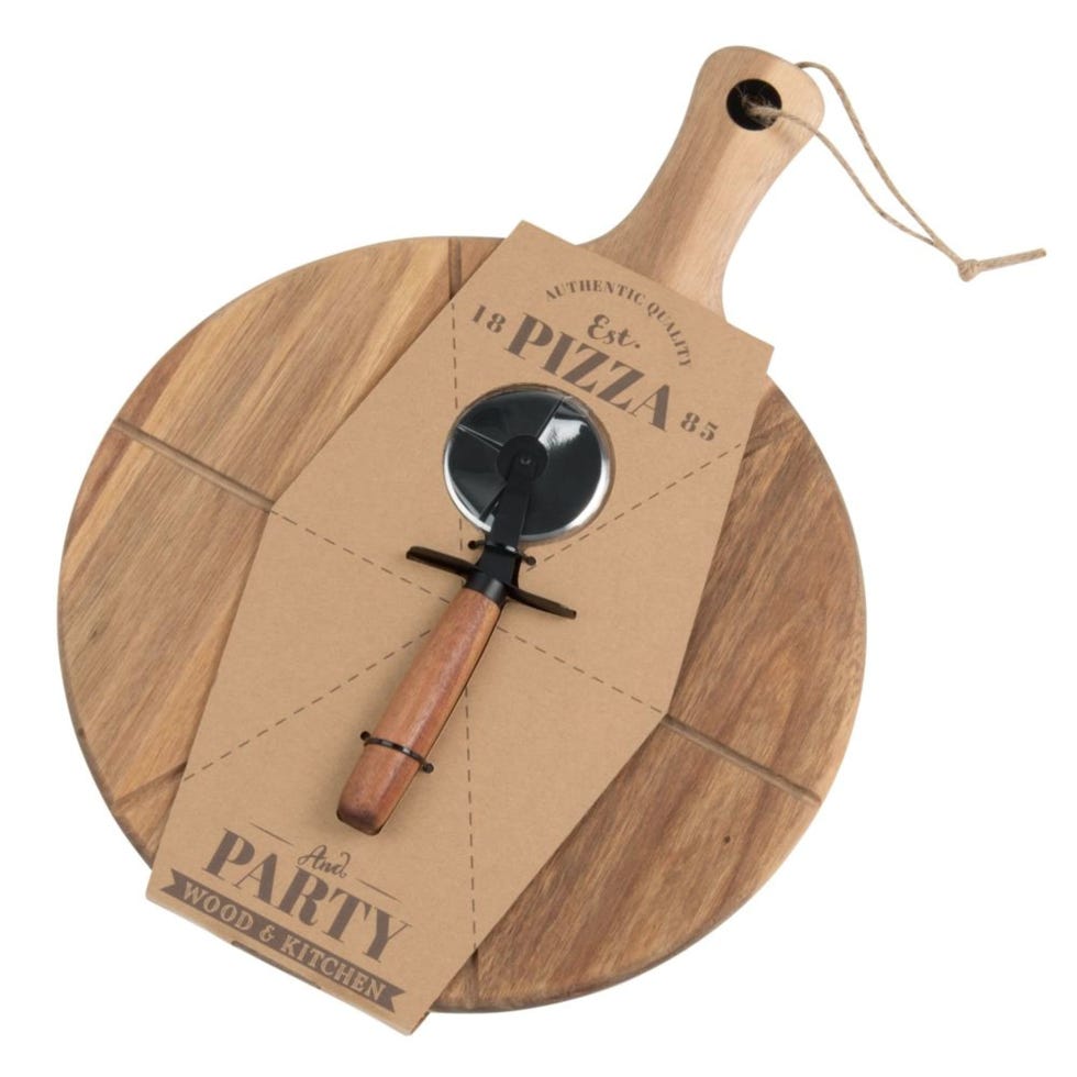 Tabla de pizza de acacia y cortador de acero