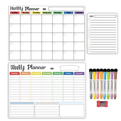 Magnetic Dry Erase Whiteboard Calendar for Fridge Set of 3 - Includes: Monthly, Weekly & Daily Calendar Whiteboard, Grocery List, 5 Markers & Eraser