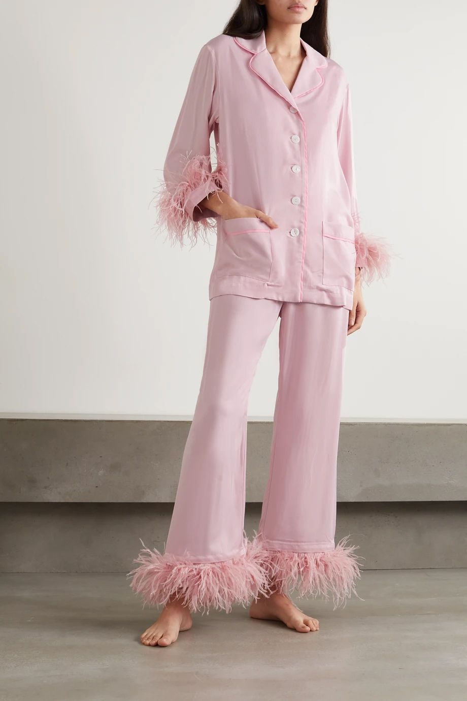 Feather-Trimmed Crepe De Chine Pajama Set