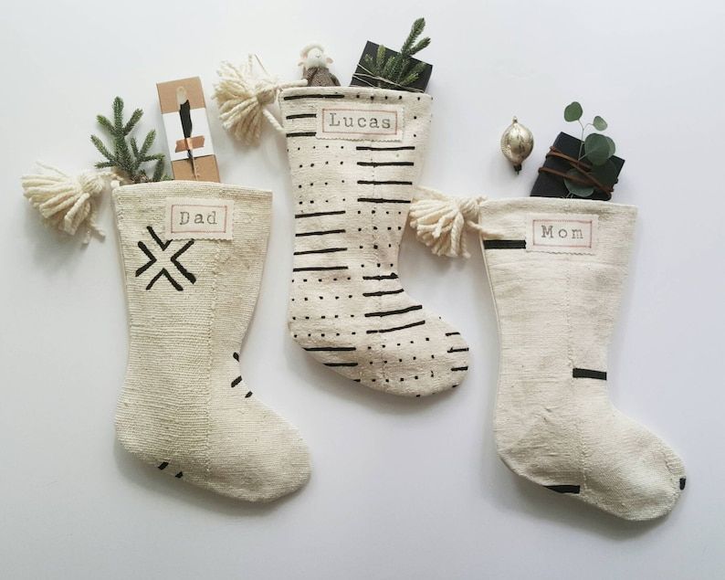 White and Black Mudcloth Christmas Stockings