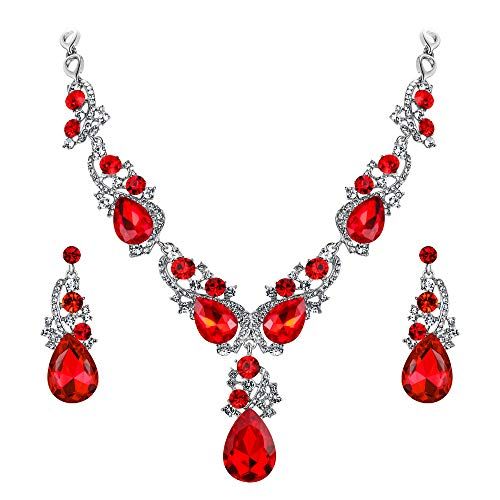 Necklace and Earrings Red Crystal Jewelry Set 