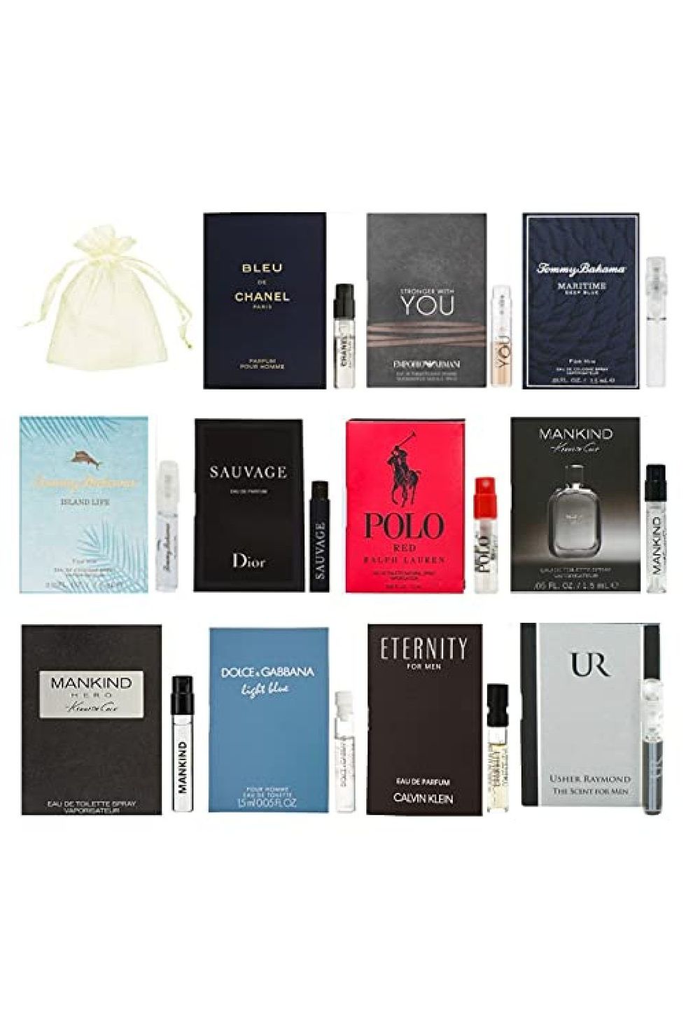 11 Designer Cologne Samples Vials For Men with Organza Bag