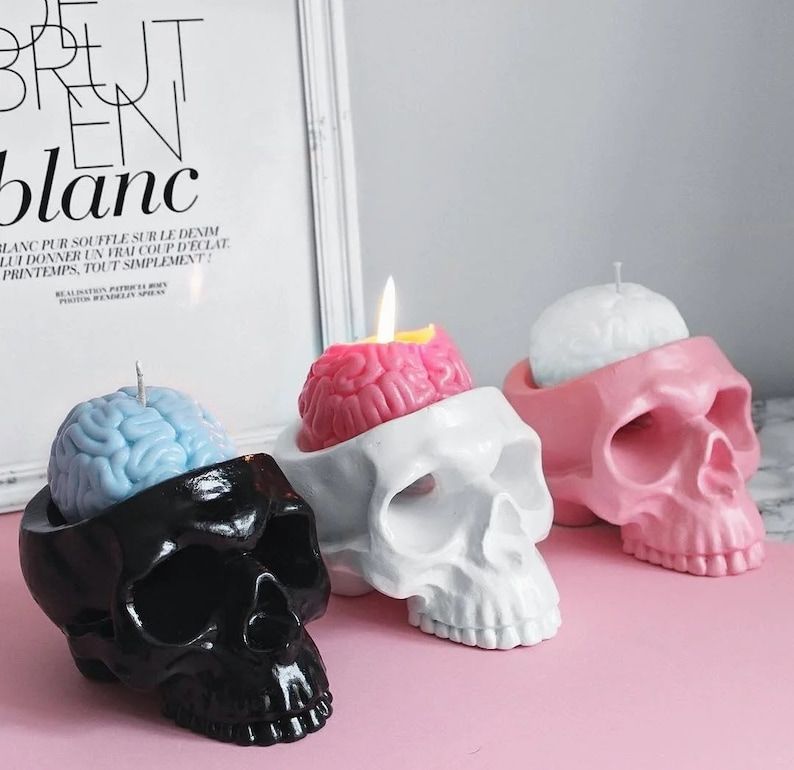 Human Brain Candle in Skull Candle Holder