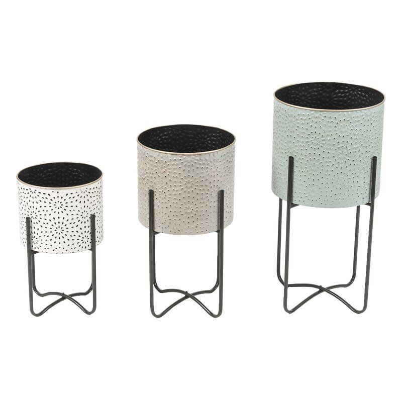 Three Piece Stamped Metal Planters With Stands