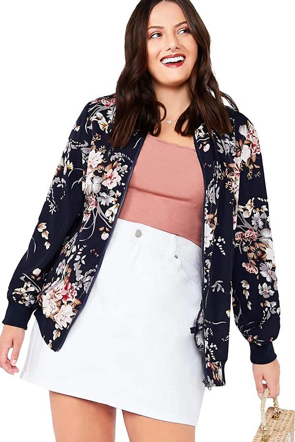 New Ladies Plus Size Bomber Jacket Womens Abstract Floral Print Soft Sale Ribbed 