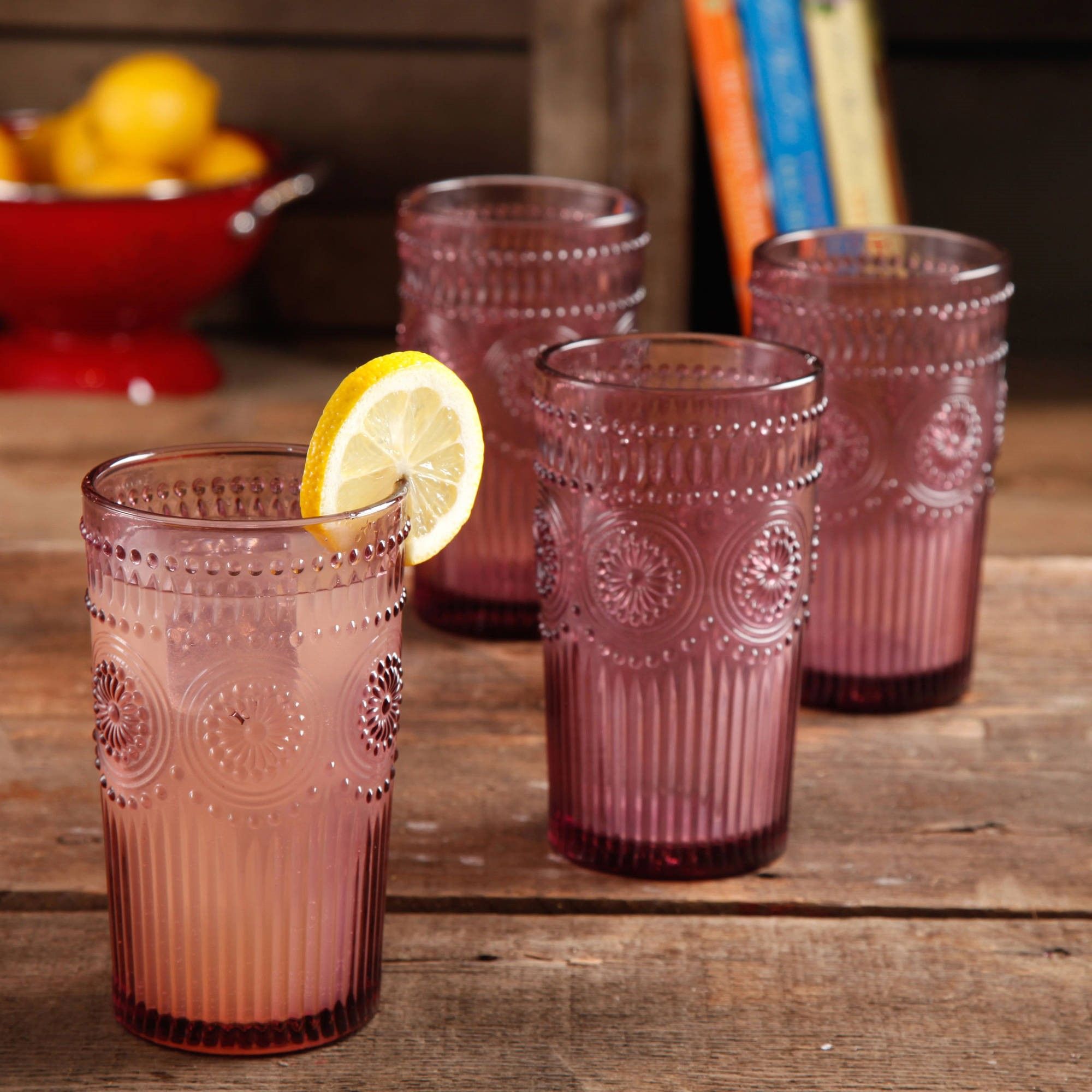 The Pioneer Woman Adeline 16-Ounce Emboss Glass Tumblers, Set of 4, Plum