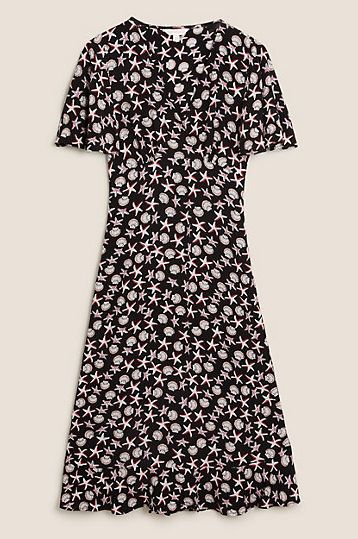 Printed V-Neck Angel Sleeve Midi Tea Dress