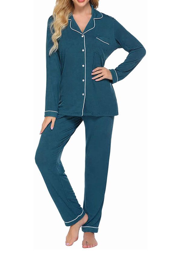 Ekouaer Sleepwear Long Sleeve Nightshirt Satin Sleepshirt Button Front Pajama Top for Women 
