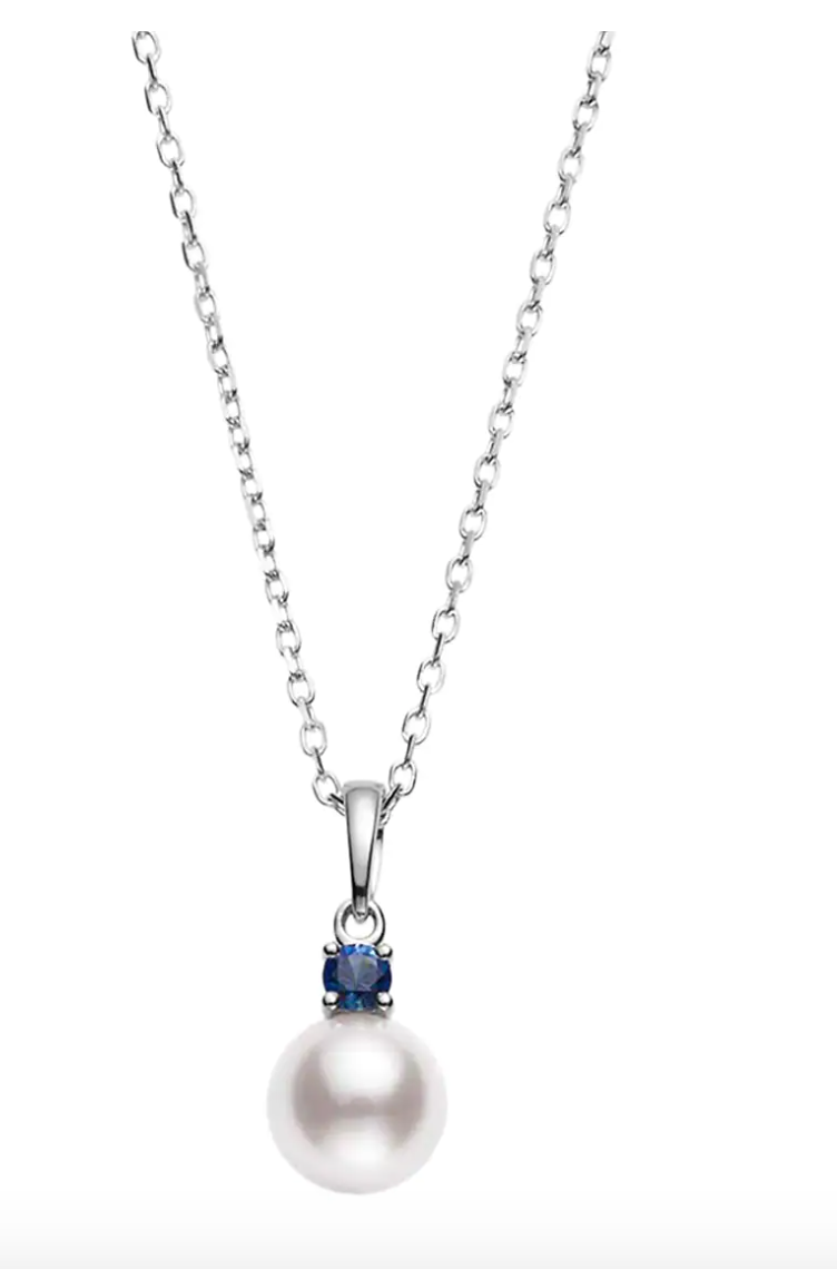 Everyday Essentials 18K White Gold, 7.5MM Round Akoya A+ Pearl & Blue Sapphire Pendant Necklace