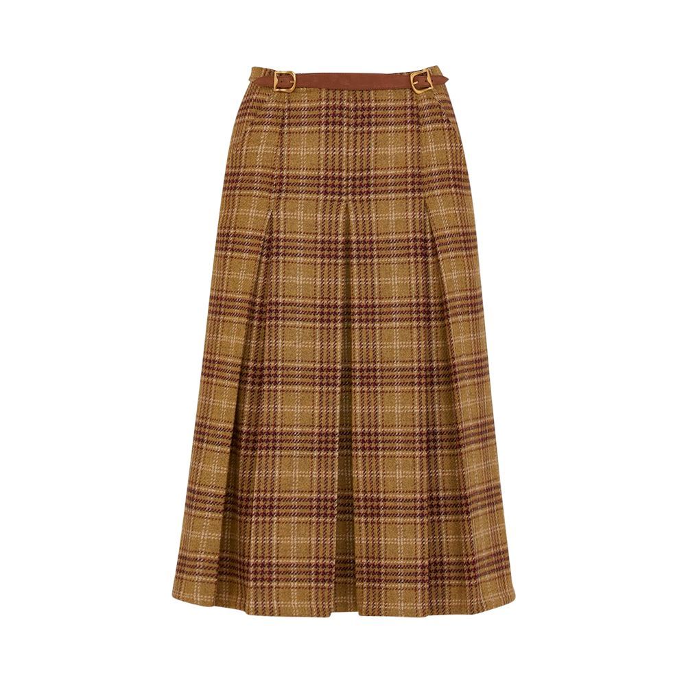 Pleated Checked Wool Skirt