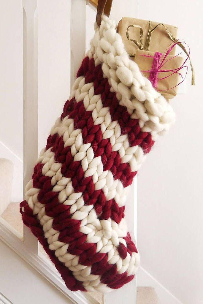 Hand Knit Christmas Stocking Hand Knit Natural White and Red