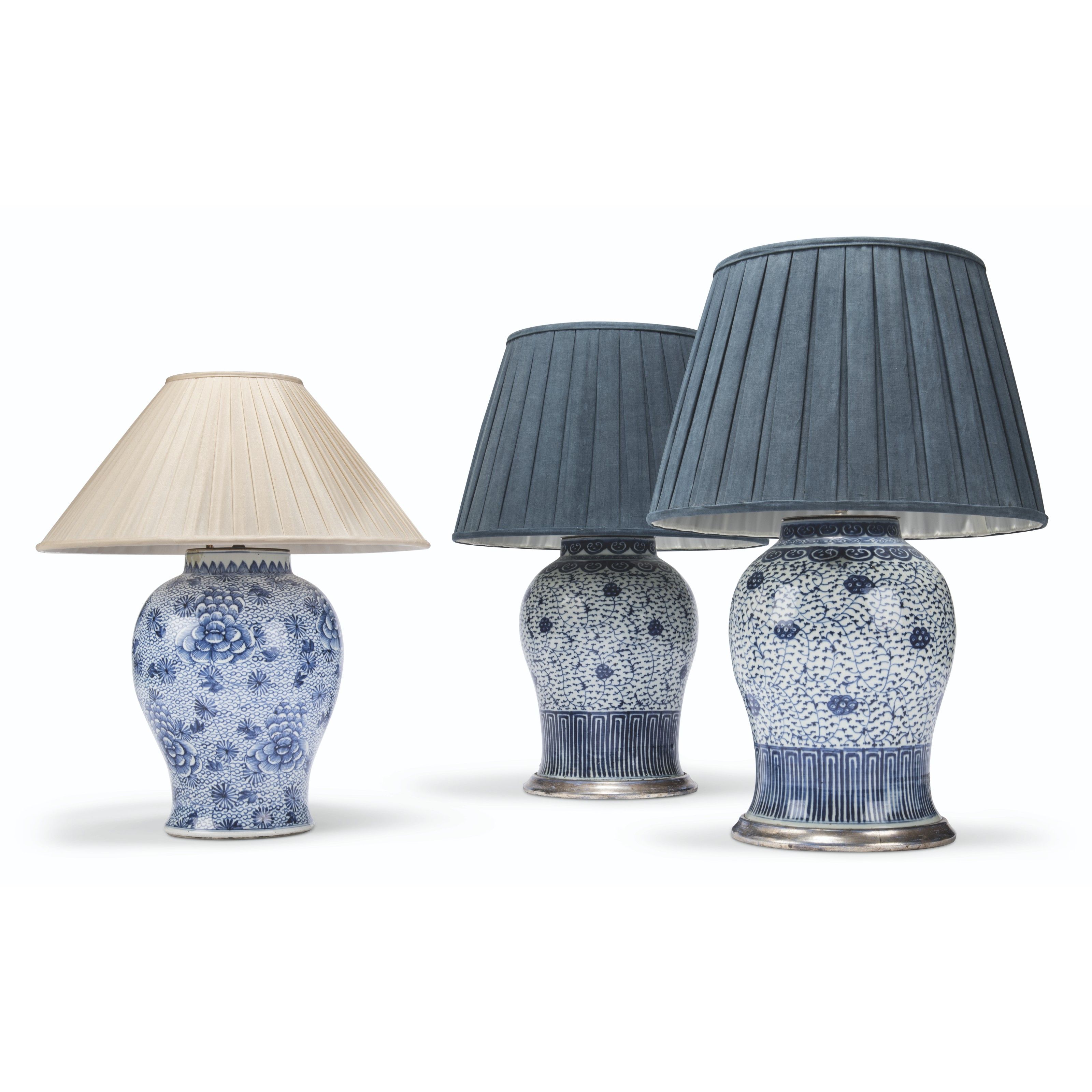 THREE CHINESE BLUE AND WHITE BALUSTER VASE TABLE LAMPS