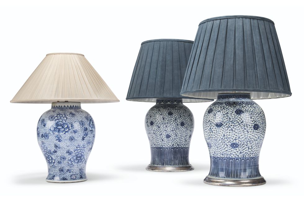 THREE CHINESE BLUE AND WHITE BALUSTER VASE TABLE LAMPS