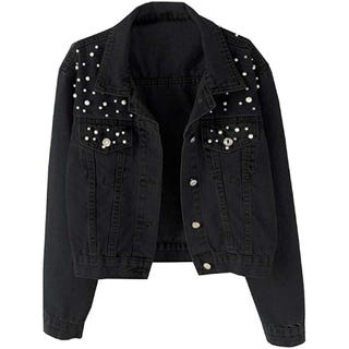 Women Oversized Denim Jacket Embroidered Pearls