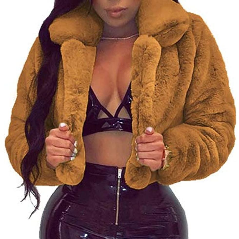 Women Solid Color Long Sleeve Shaggy Lapel Faux Fur Coat