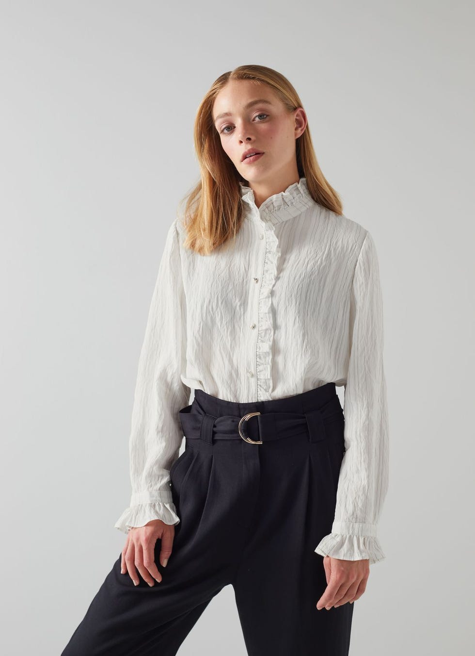 Celeste White Lurex Stripe Ruffle Blouse