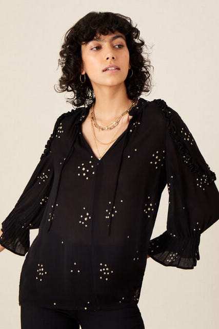 Mattie Frill Tie Neck Embellished Top Black