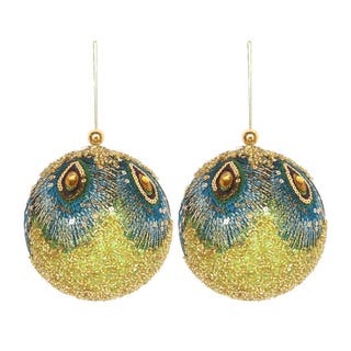 Beaded Fabric Peacock Bauble - Set of 2 - Gold