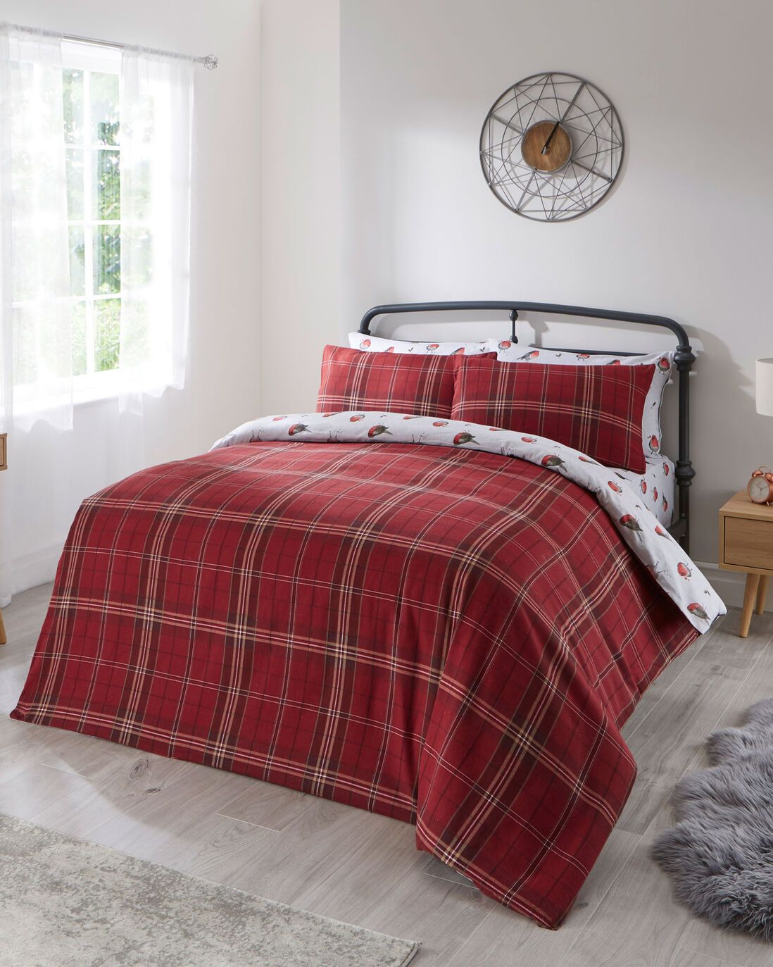 Catherine Lansfield Stags and Tartan Check Silver Reversible Duvet Sets 