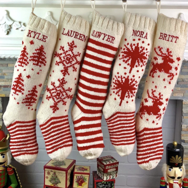 Hand Knit Wool Stockings White with Red Accents
