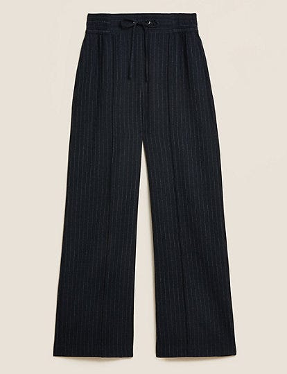 Pinstripe Drawstring Wide Leg Trousers