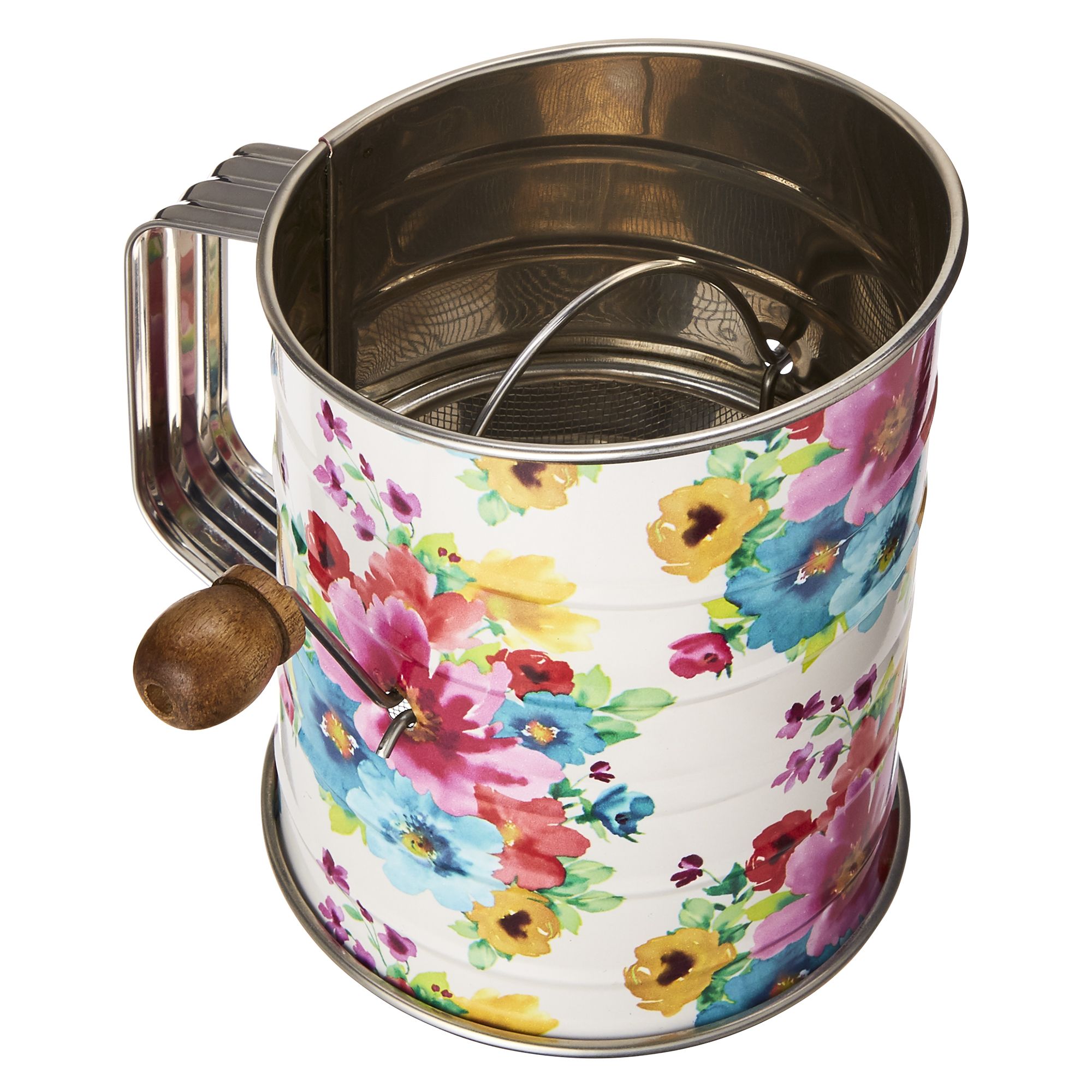The Pioneer Woman 3-Cup Stainless Steel Flour Sifter and Pastry Cutter with Crank, Floral Design