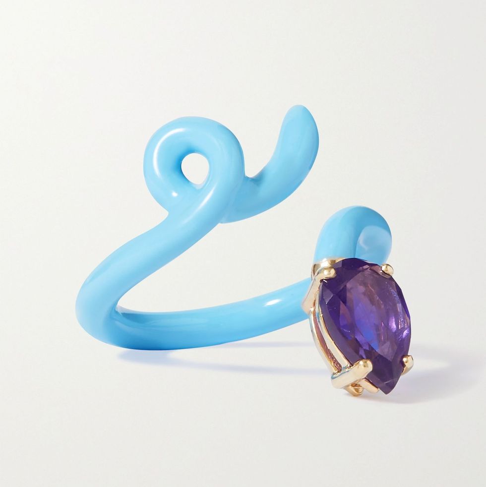 Baby Vine Tendril gold, enamel and amethyst pinky ring