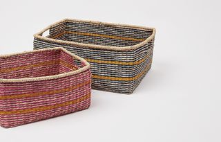 Blue Stripe Seagrass Rectangular Storage Baskets Set of Two