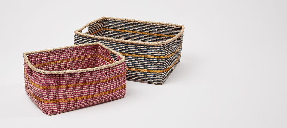 Blue Stripe Seagrass Rectangular Storage Baskets Set of Two