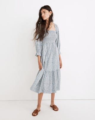 Elbow-Sleeve Smocked Midi Dress 