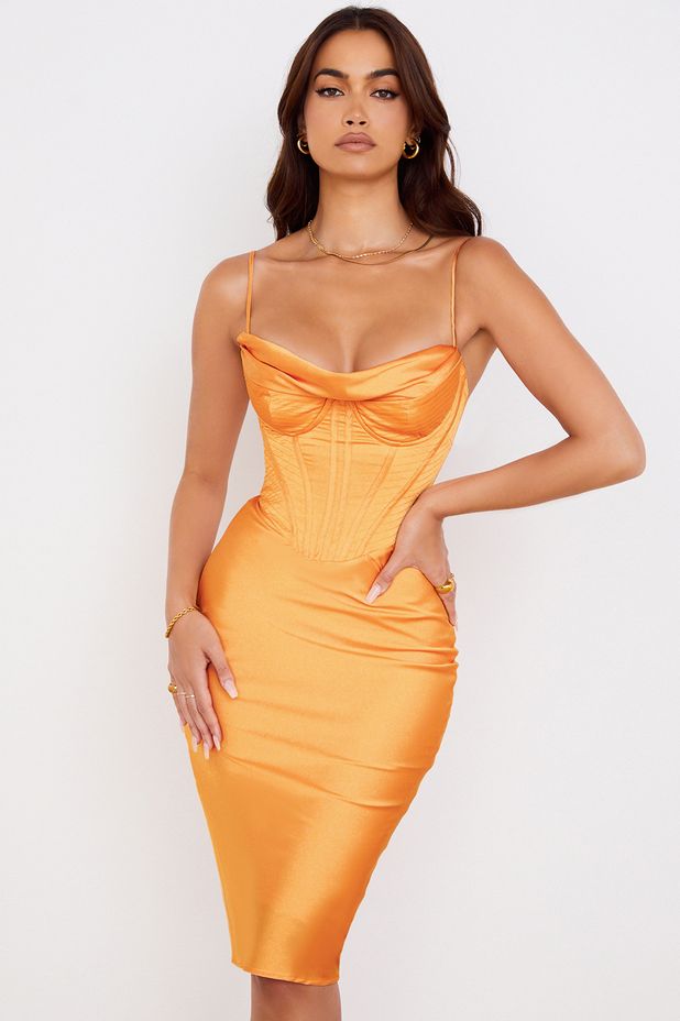 Myrna Tangerine Satin Corset Midi Dress