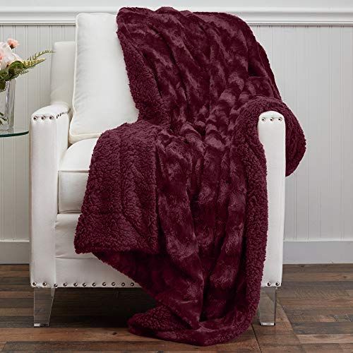 The Connecticut Home Company Soft Fluffy Faux Fur Bed Throw Blanket, Luxury Sherpa Reversible Blankets, Comfy Plush Washable Accent Throws for Sofa Beds, Couch, Fuzzy Home Bedroom Decor, 65x50, Merlot