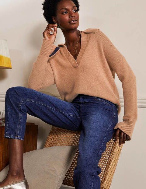 Boden s cashmere jumper in camel has the open collar of the season