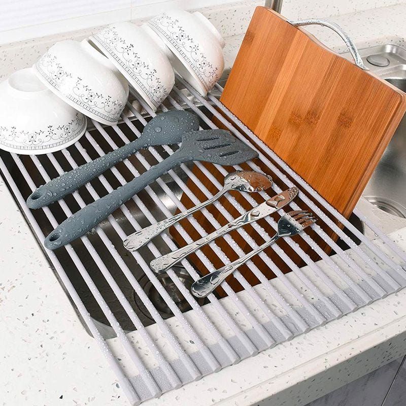 Kitchen Portable Roll Up Dish Drying Rack Stainless Steel Gray