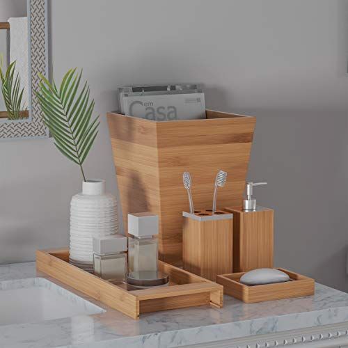 Lavish Home Bamboo Bath Accessories-5-Piece Set Natural Wood Tray Lotion Dispenser, Soap Dish, Toothbrush Holder, Wastebasket-Bathroom and Vanity
