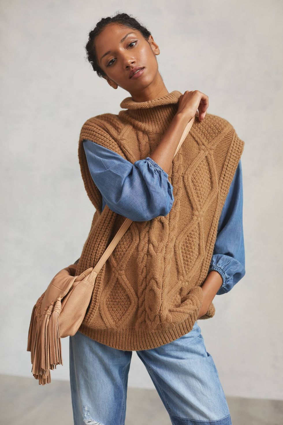 Cable-Knit Turtleneck Sweater Vest