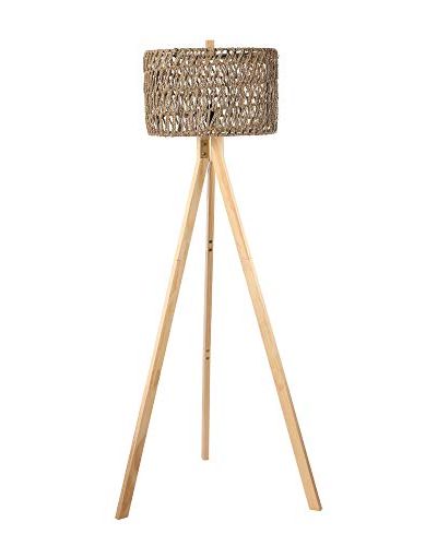 Wood Tripod Floor Lamp with Shefl, Mid Century Modern Rustic Wooden tanding Floor Lamp with shleves , Floor Reading Lamp for Contemporary Living Rooms, Study Room and Office Natural Straw Rope Shade