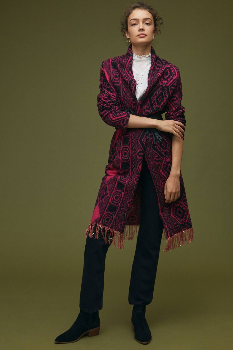 Abstract Fringed Sweater Coat